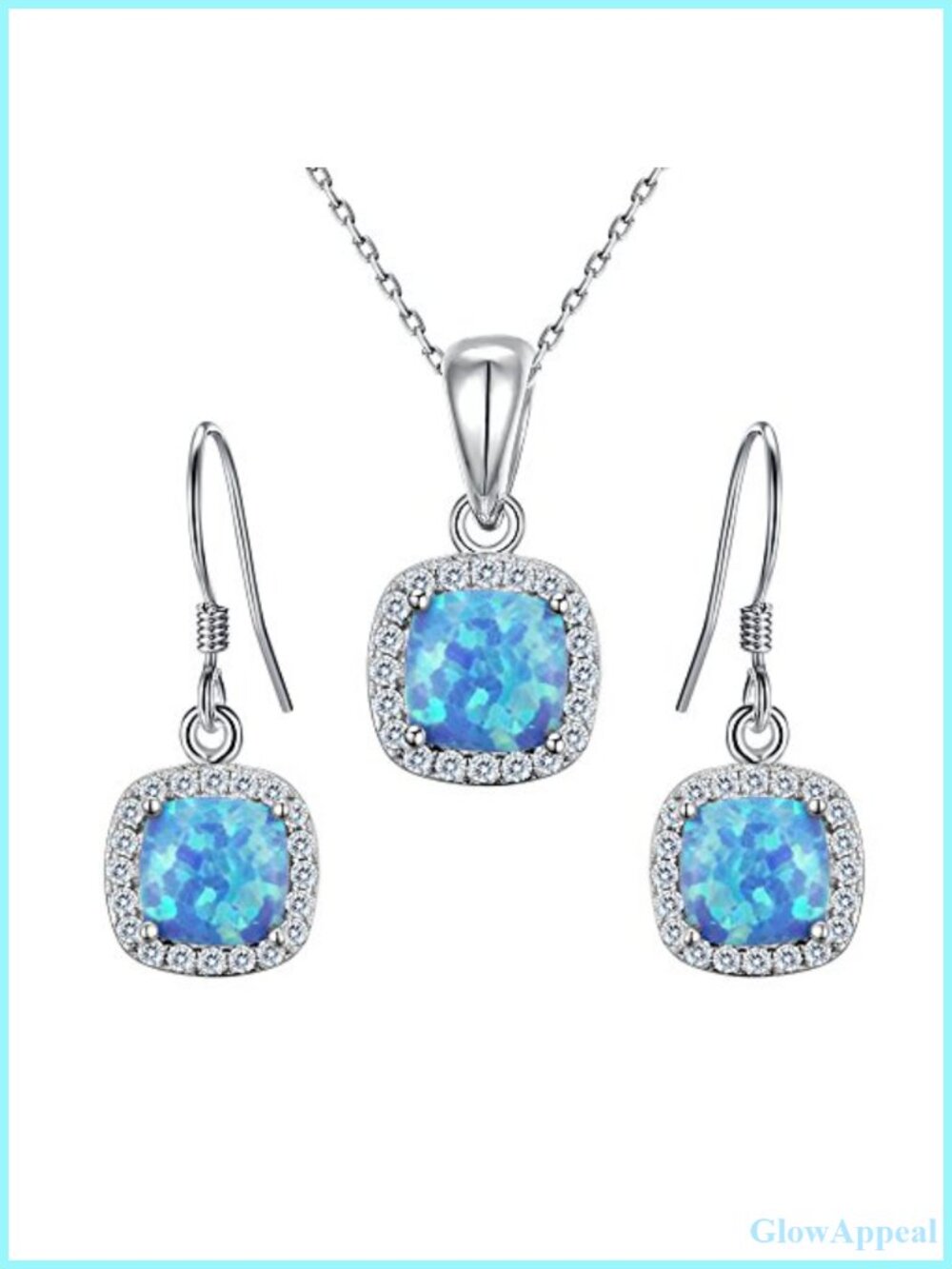 925 Sterling Silver CZ Blue Opal Cushion Cut Halo Pendant Necklace Earrings Set